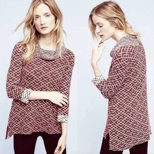 MOTH M Cranberry Galena Geo Printed Cowl Neck Alpaca Sweater